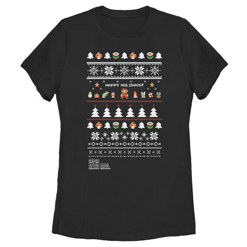 Women's Nintendo Ugly Christmas Super Mario Happy Holidays T-Shirt