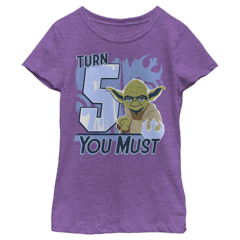 Girl's Star Wars Yoda Turn 5 You Must Rebel Logo Portrait T-Shirt