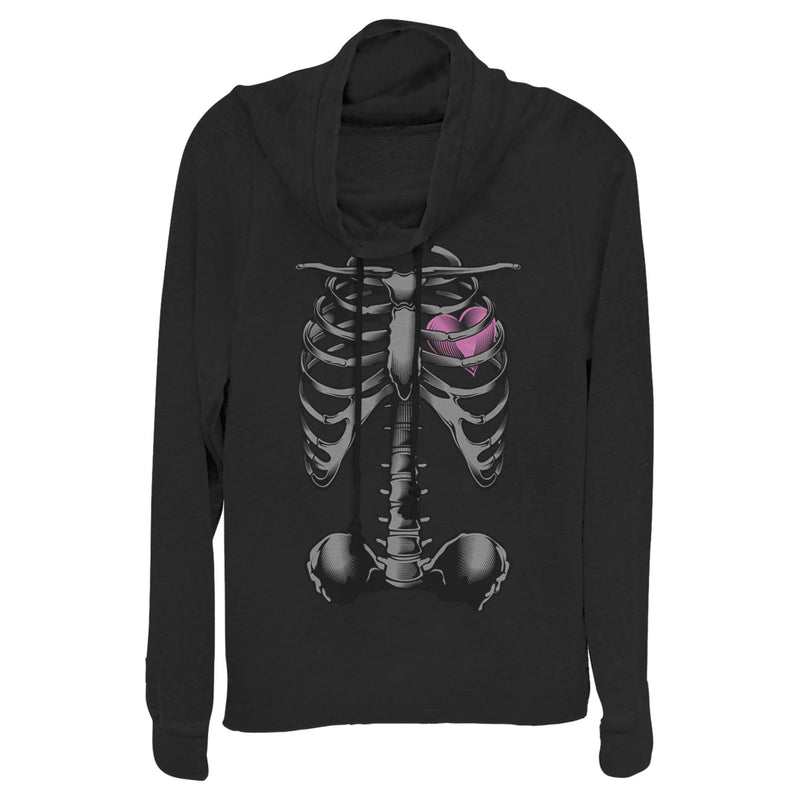 Junior's Lost Gods Halloween Skeleton Rib Cage Heart Cowl Neck Sweatshirt