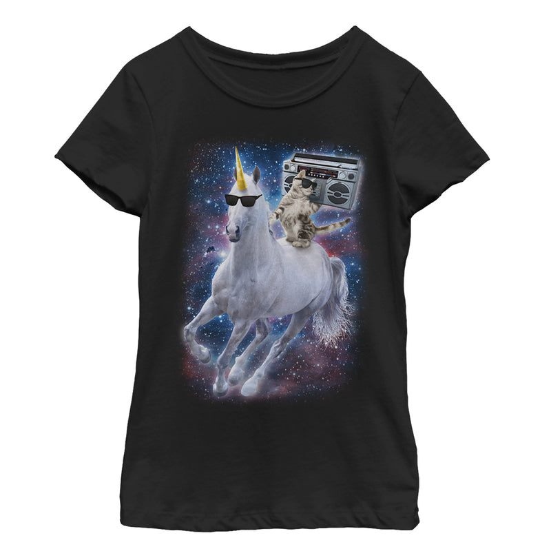 Girl's Lost Gods Boombox Cat and Unicorn Space Song T-Shirt