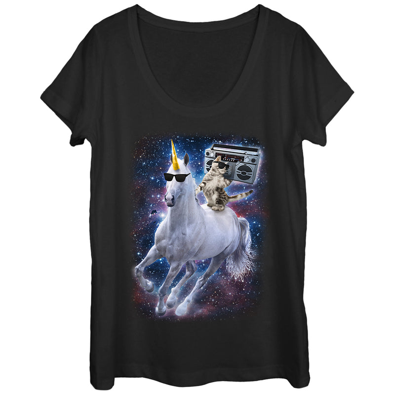 Women's Lost Gods Boombox Cat and Unicorn Space Song Scoop Neck