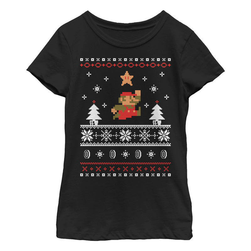 Girl's Nintendo Ugly Christmas Mario Jump Star T-Shirt