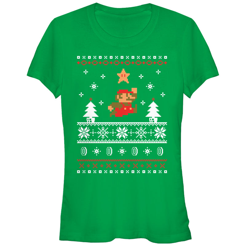 Junior's Nintendo Ugly Christmas Mario Jump Star T-Shirt