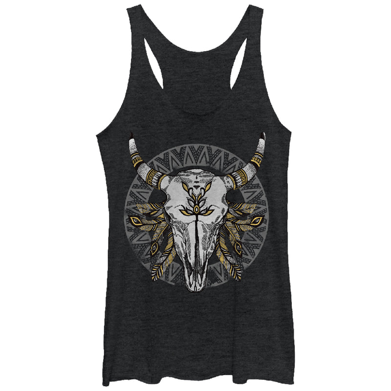 Women's Lost Gods Cow Skull With Feathers Racerback Tank Top
