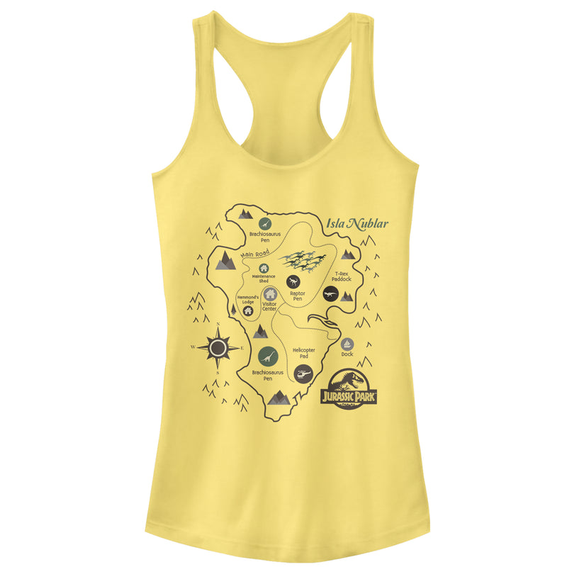 Junior's Jurassic Park Isla Nublar Map Racerback Tank Top