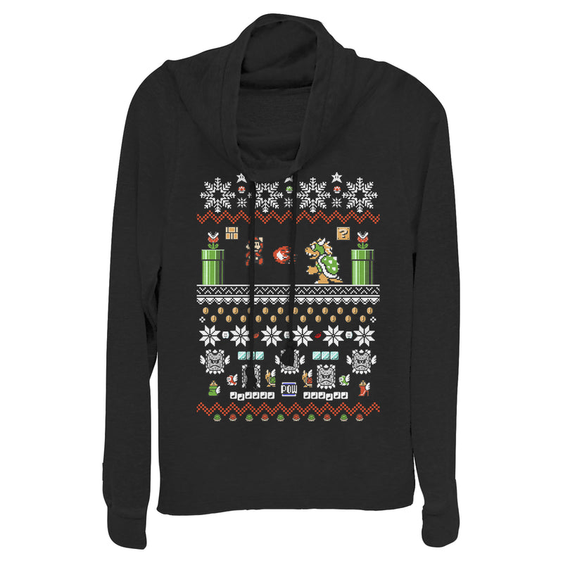 Junior's Nintendo Ugly Christmas Mario and Bowser Cowl Neck Sweatshirt