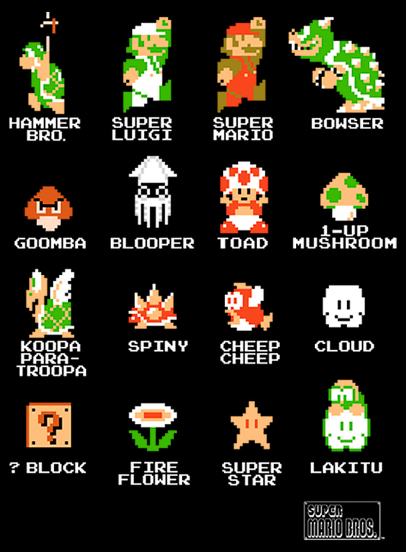 Boy's Nintendo Super Mario Bros Pixel Cast with Names Pull Over Hoodie