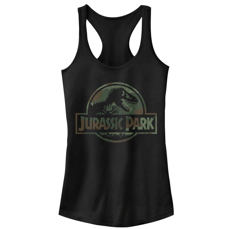 Junior's Jurassic Park Dark Camo Logo Racerback Tank Top