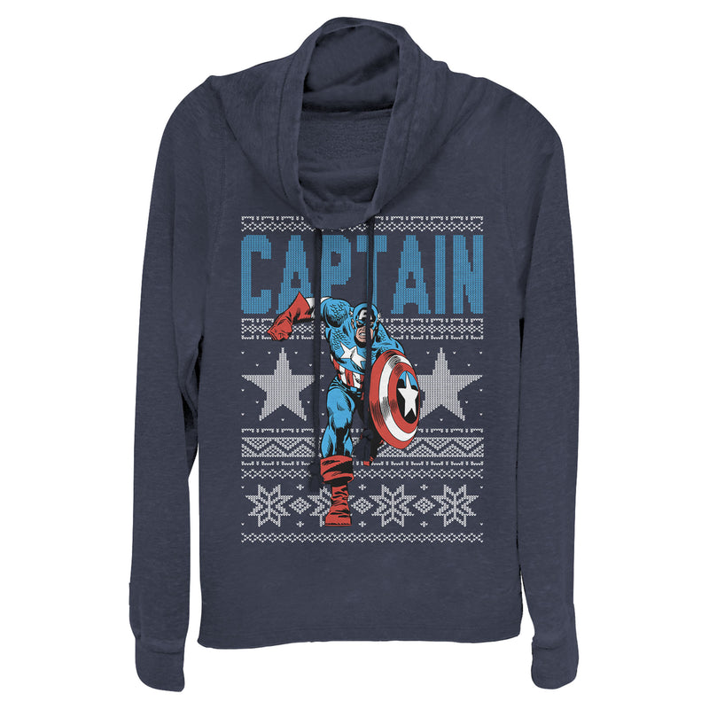 Junior's Marvel Ugly Christmas Captain America Star Cowl Neck Sweatshirt