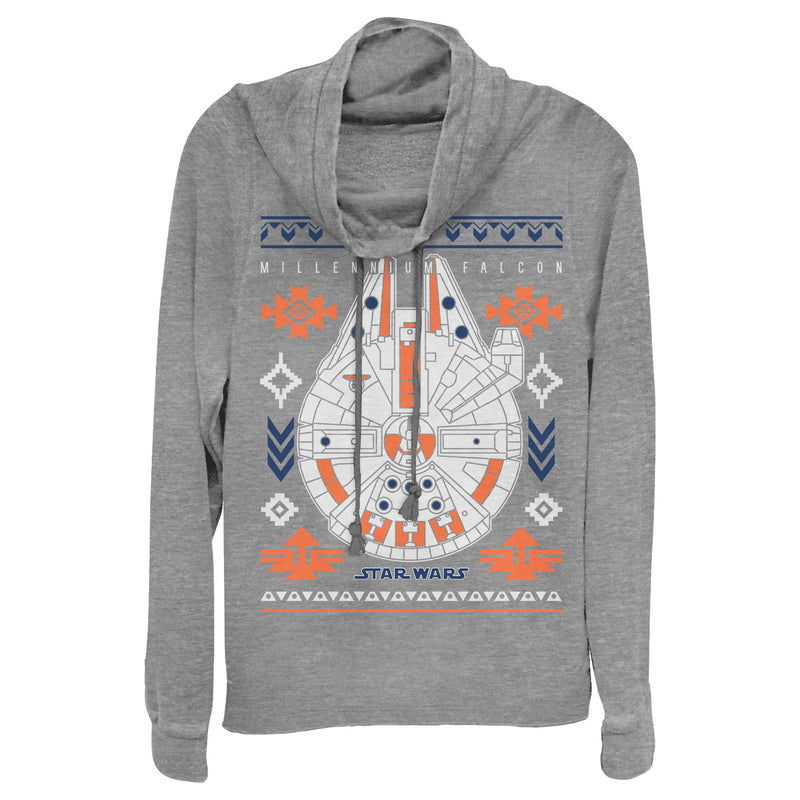 Junior's Star Wars Christmas Millennium Falcon Tribal Print Cowl Neck Sweatshirt