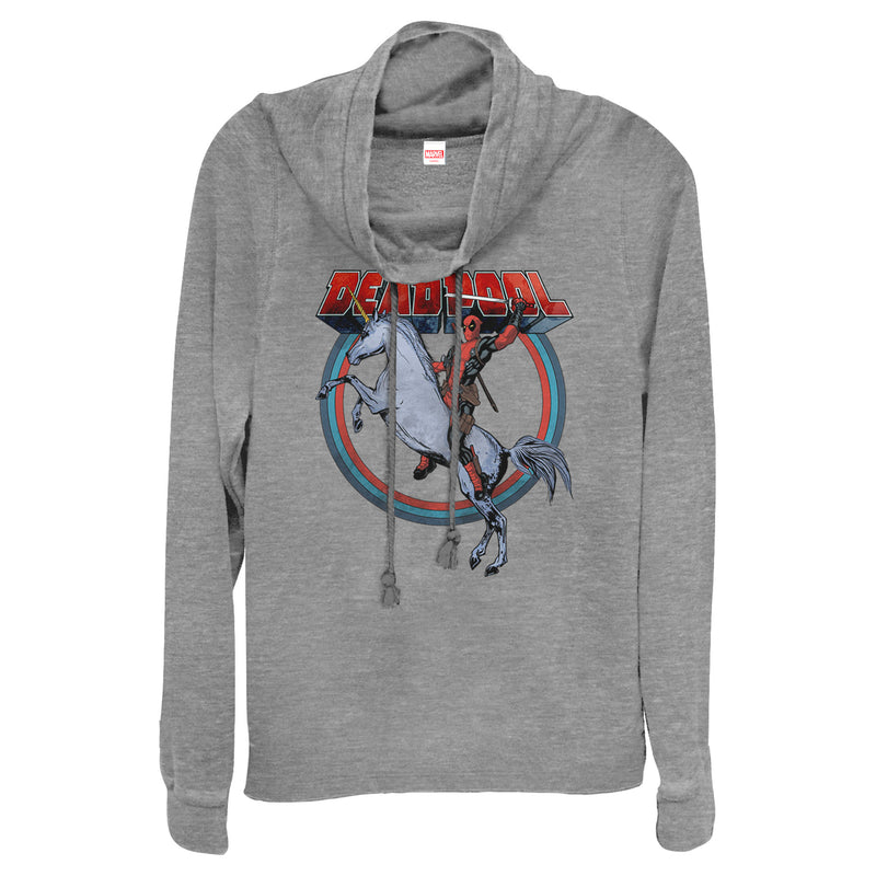 Junior's Marvel Deadpool Unicorn Ride Cowl Neck Sweatshirt