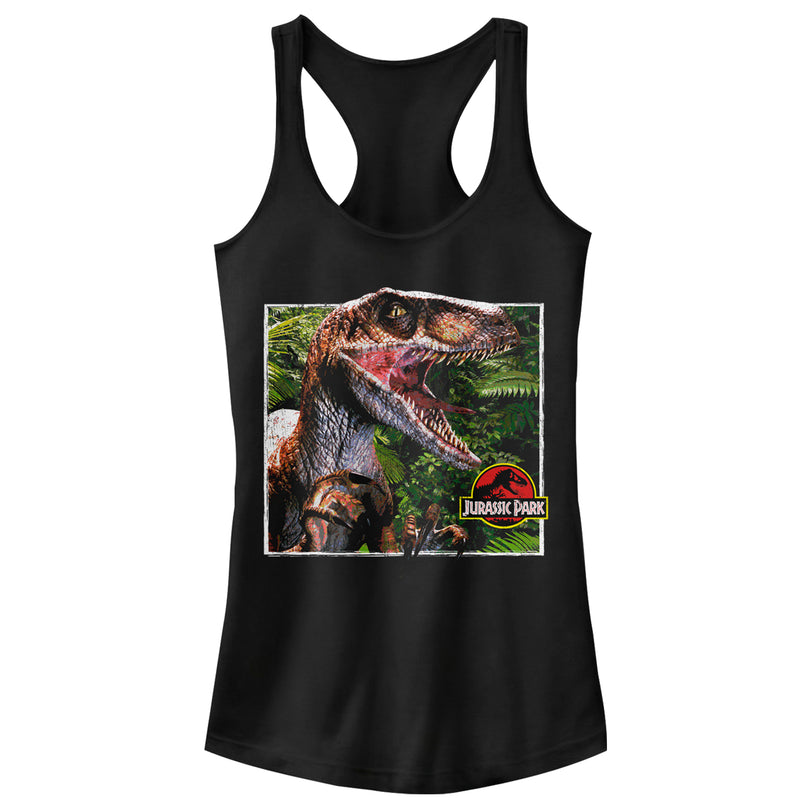 Junior's Jurassic Park Velociraptor Is Hunting You From The Jungle Racerback Tank Top