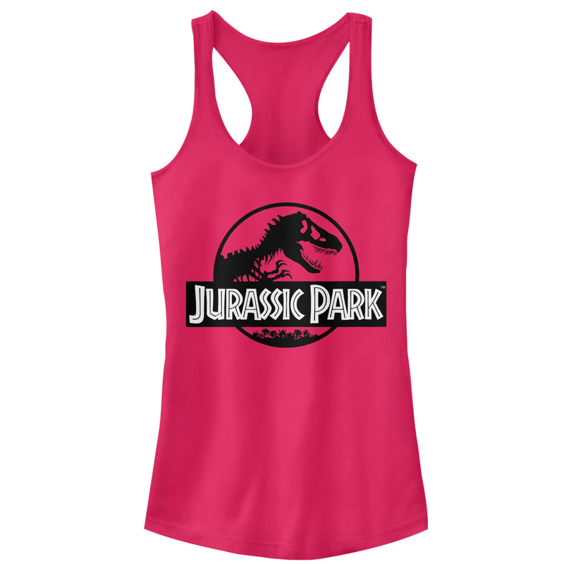 Junior's Jurassic Park Black and White Logo Racerback Tank Top