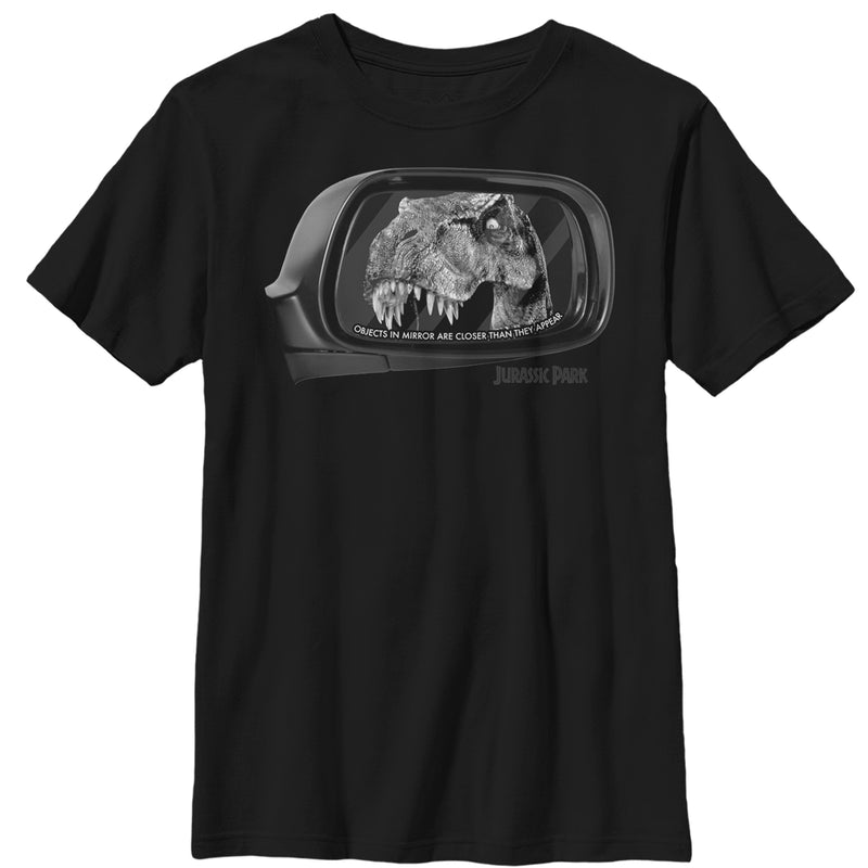 Boy's Jurassic Park T. Rex In Rearview Mirror, Objects Are Closer T-Shirt