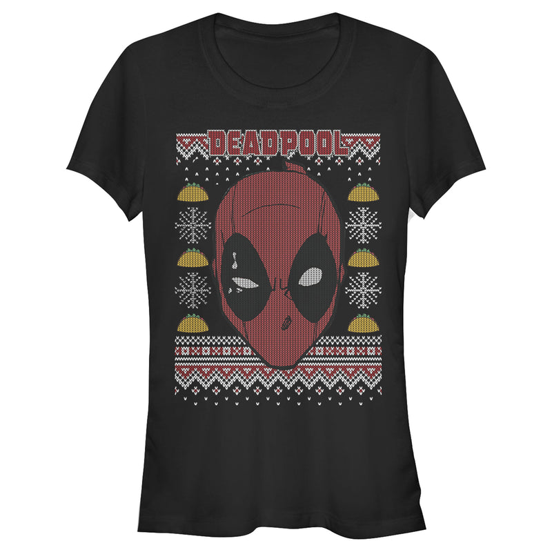 Junior's Marvel Ugly Christmas Deadpool Mask T-Shirt