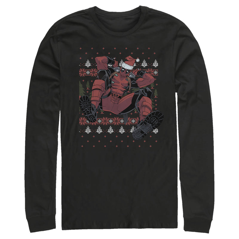 Men's Marvel Deadpool Santa Hat Ugly Sweater Holiday Long Sleeve Shirt