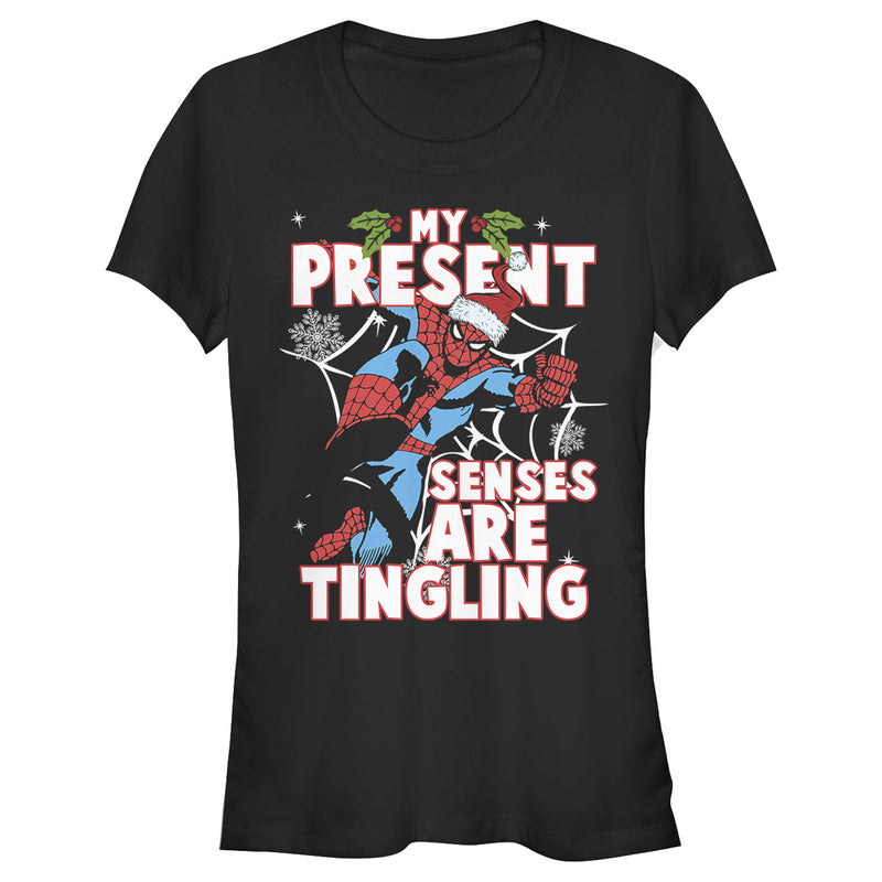Junior's Marvel Spider-Man Present Senses Tingling Holiday T-Shirt