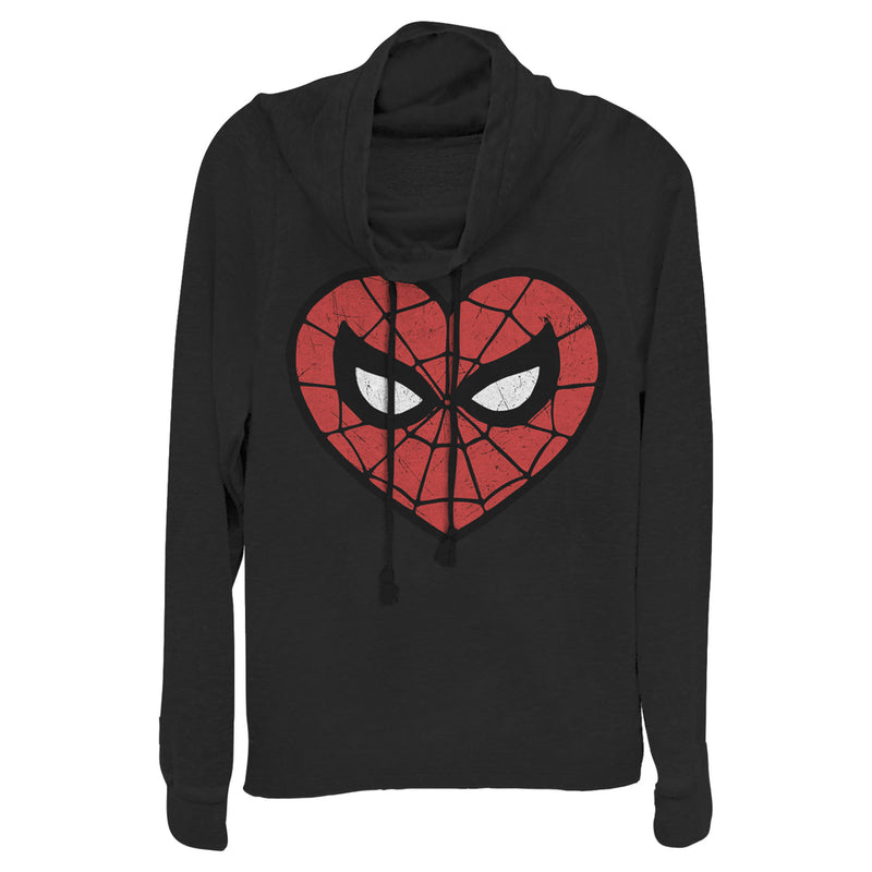 Junior's Marvel Valentine's Day Spider-Man Heart Mask Cowl Neck Sweatshirt