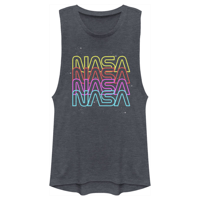 Junior's NASA Neon Rainbow Repeat Text Logo Festival Muscle Tee