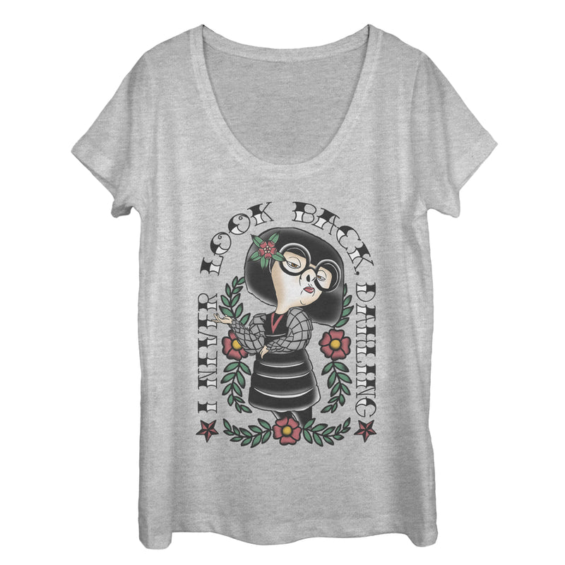 Women's The Incredibles Edna Mode Never Look Back Tattoo Scoop Neck