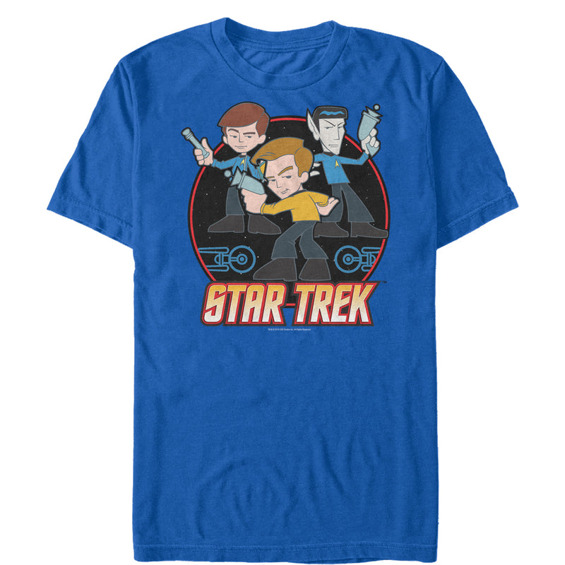 Men's Star Trek Cartoon Kirk, Spock, & Bones With Phasers T-Shirt