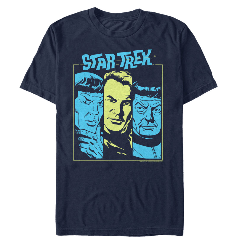 Men's Star Trek Cartoon Spock, Kirk, Bones Panels T-Shirt