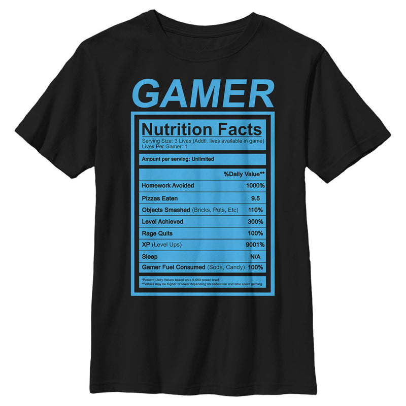 Boy's Lost Gods Gamer Nutrition Facts Label T-Shirt