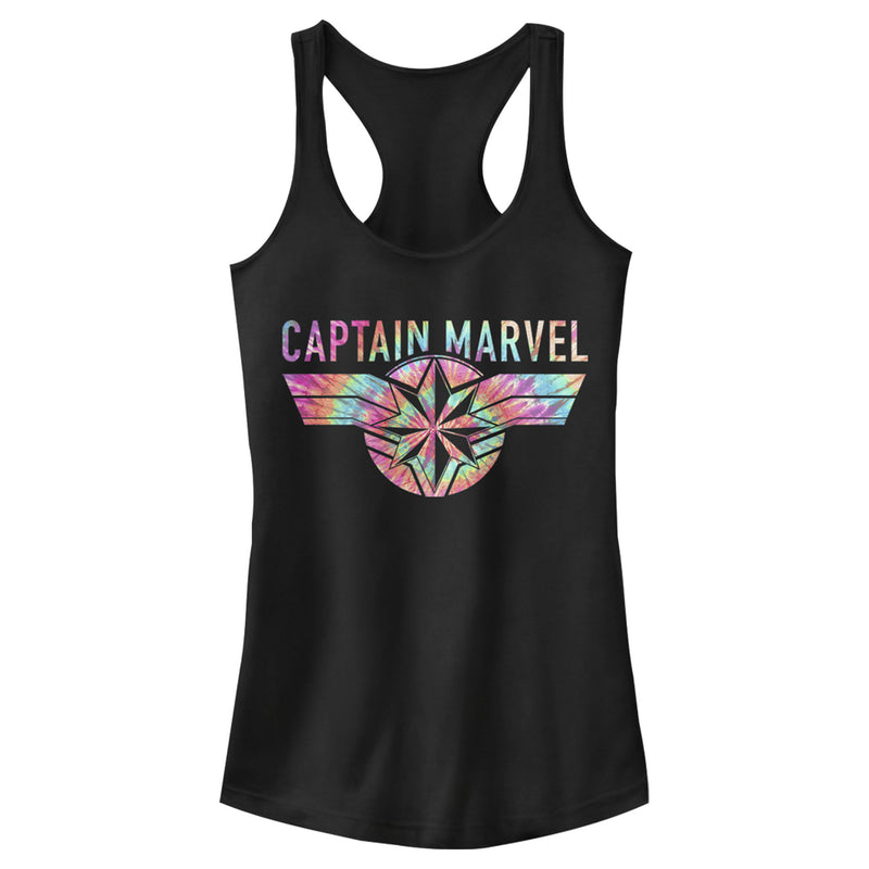 Junior's Marvel Captain Marvel Logo Banner Tie Dye Colors Racerback Tank Top