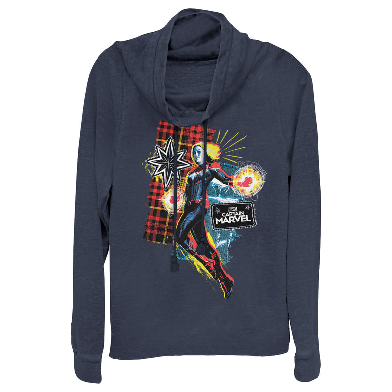 Junior's Marvel Captain Marvel Flannel Patch Print Cowl Neck Sweatshirt