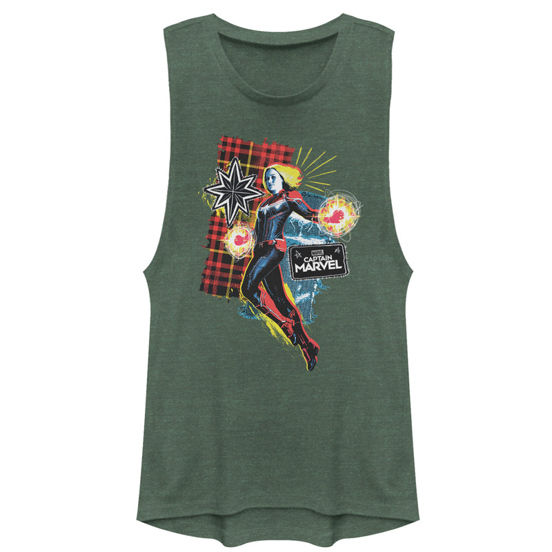 Junior's Marvel Captain Marvel Flannel Patch Print Festival Muscle Tee