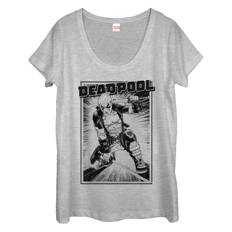 Women's Marvel Deadpool Katana Grayscale Sword Pose Scoop Neck