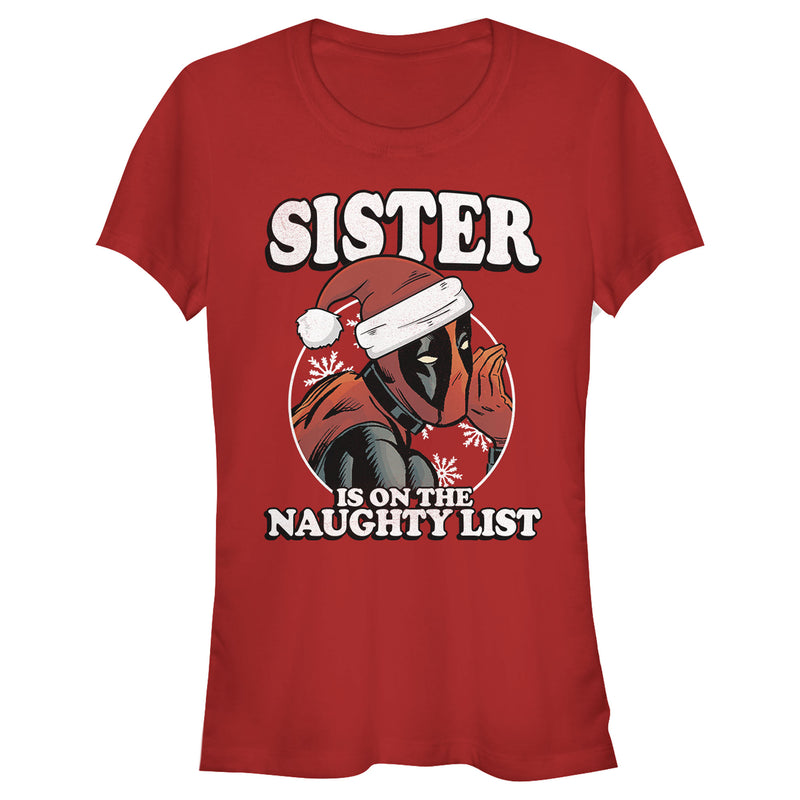 Junior's Marvel Christmas Deadpool Sister on Naughty List T-Shirt