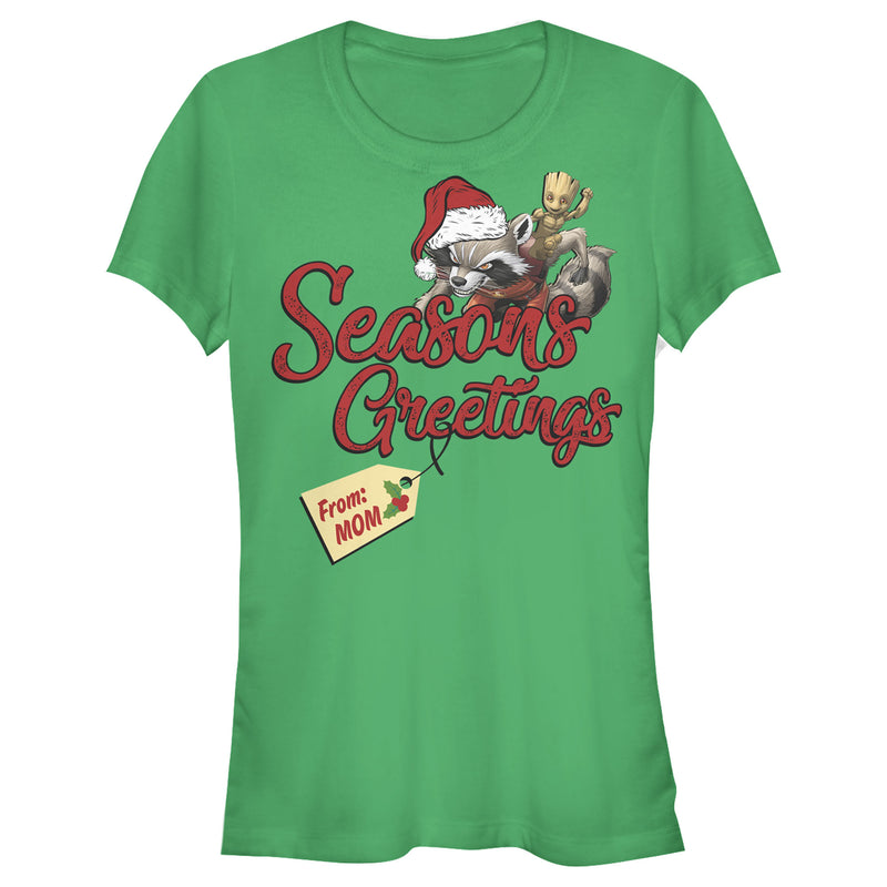Junior's Marvel Christmas Rocket & Groot Mom Greetings T-Shirt