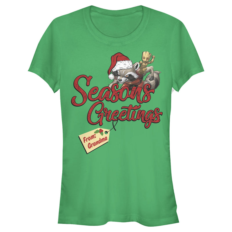 Junior's Marvel Christmas Rocket & Groot Grandma Greetings T-Shirt