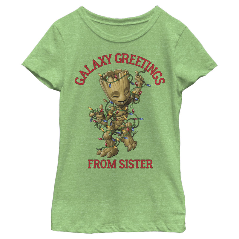 Girl's Marvel Christmas Groot Galaxy Greetings Sister T-Shirt