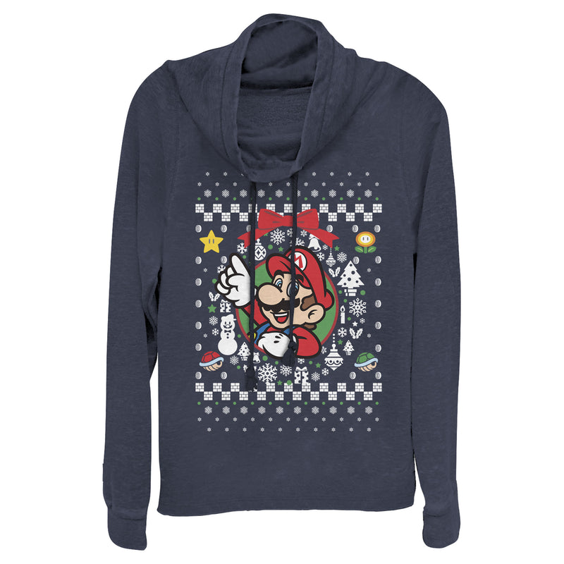 Junior's Nintendo Ugly Christmas Mario Wreath Cowl Neck Sweatshirt