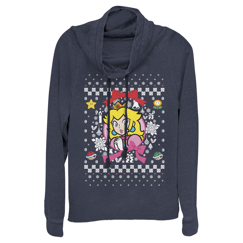 Junior's Nintendo Ugly Christmas Peach Wreath Cowl Neck Sweatshirt