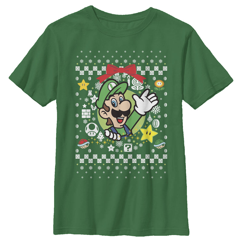 Boy's Nintendo Ugly Christmas Luigi Wreath T-Shirt