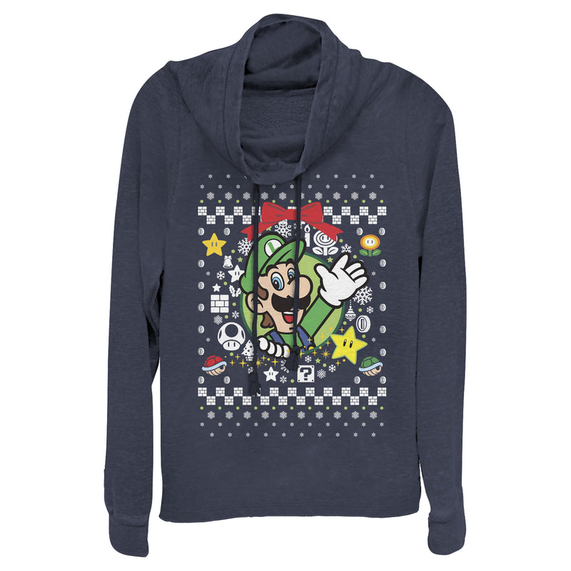 Junior's Nintendo Ugly Christmas Luigi Wreath Cowl Neck Sweatshirt