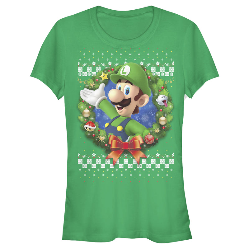 Junior's Nintendo Christmas Luigi Wreath T-Shirt