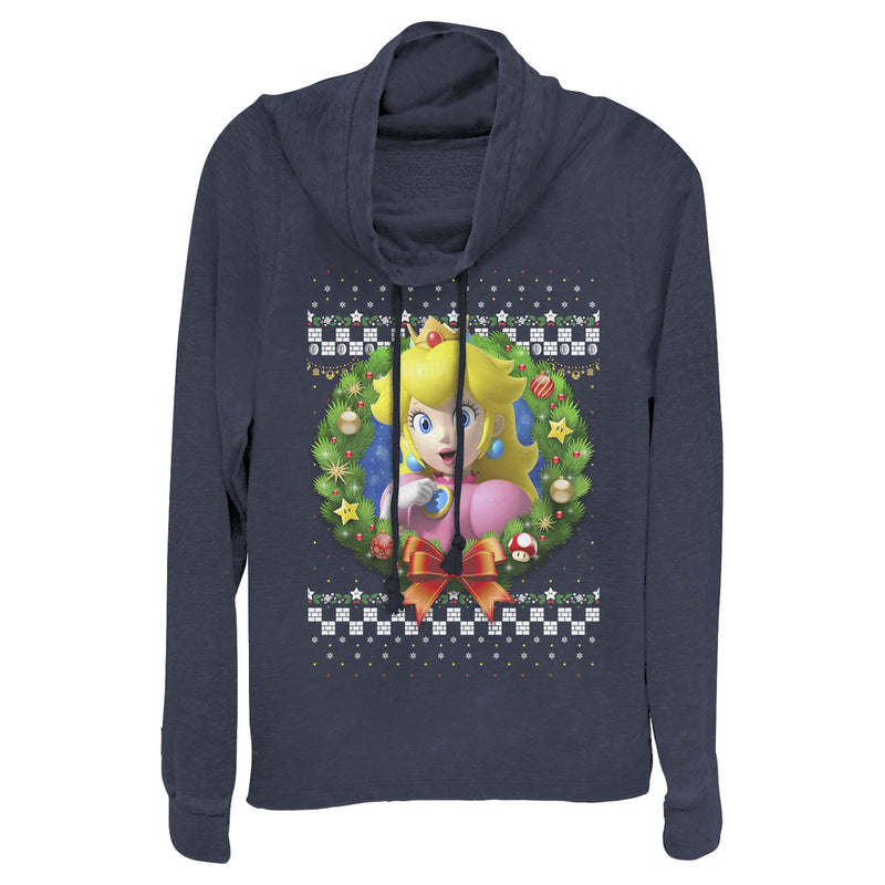 Junior's Nintendo Christmas Peach Wreath Cowl Neck Sweatshirt