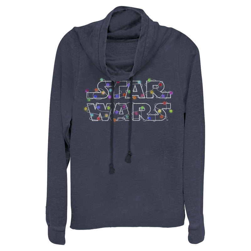 Junior's Star Wars Christmas Logo String Lights Cowl Neck Sweatshirt
