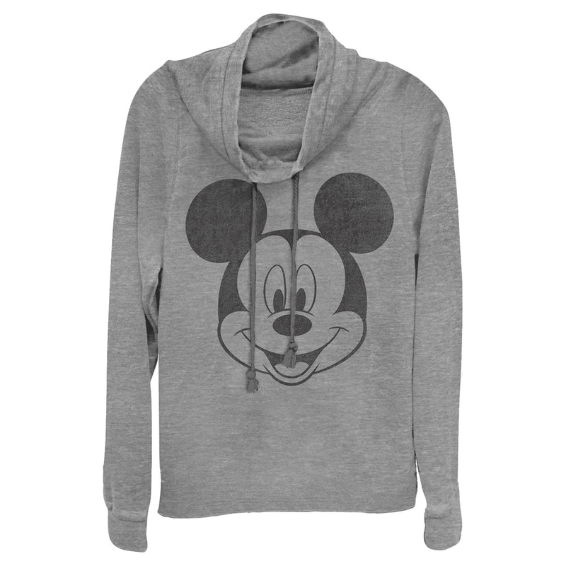 Junior's Mickey & Friends Smiling Mickey Mouse Distressed Cowl Neck Sweatshirt