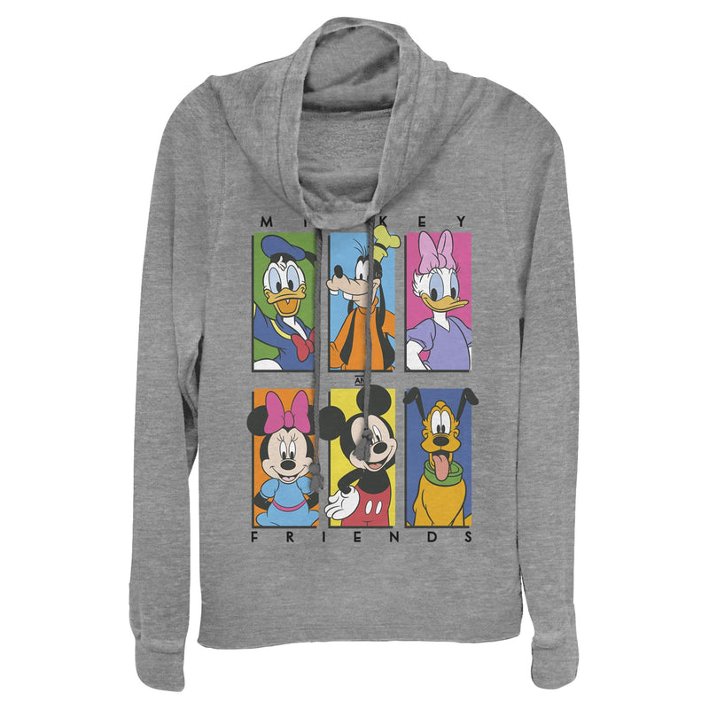 Junior's Mickey & Friends Colorful Character Panels Cowl Neck Sweatshirt