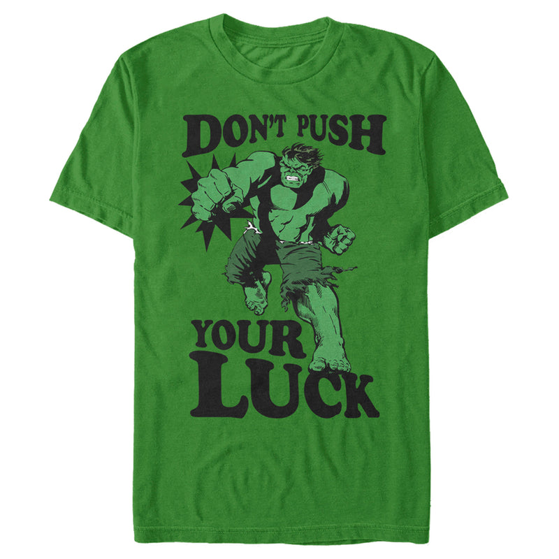 Men s Marvel St. Patrick s Day The Hulk Don t Push Your Luck T Shirt Kelly Green Medium