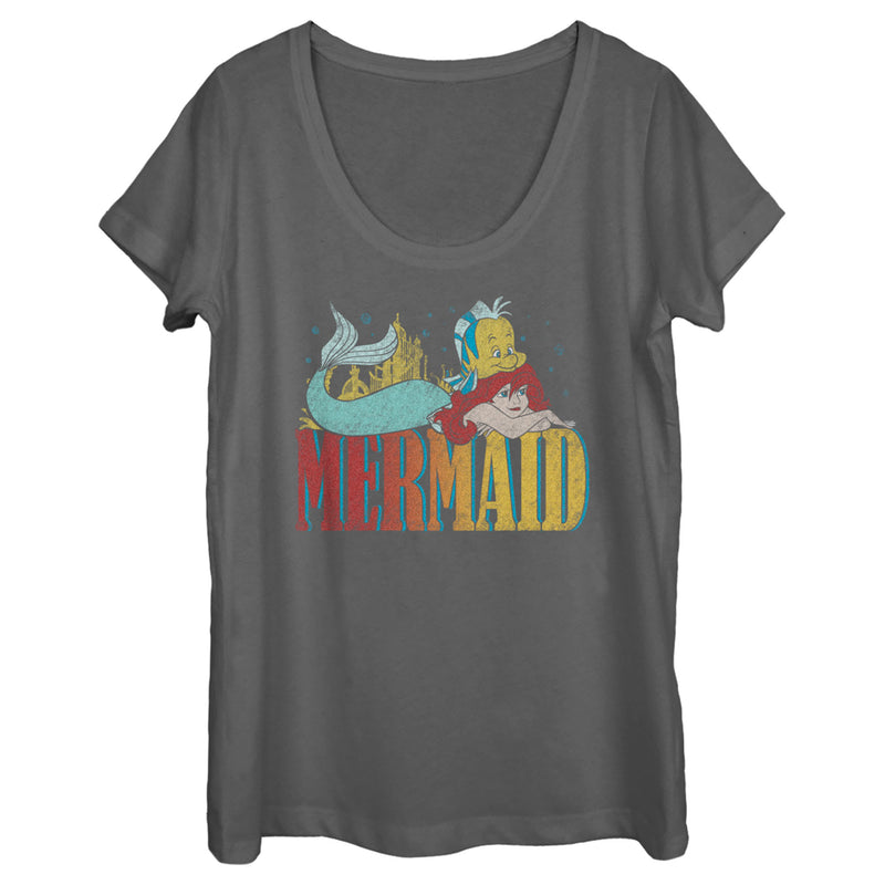 Women's The Little Mermaid Ariel and Flounder Distressed Logo Scoop Neck