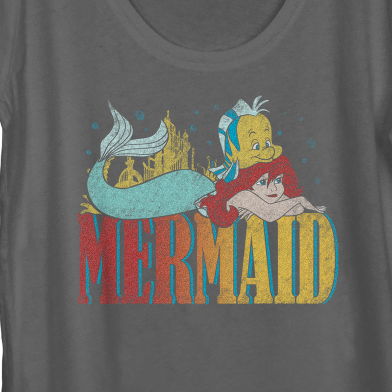 Women's The Little Mermaid Ariel and Flounder Distressed Logo Scoop Neck