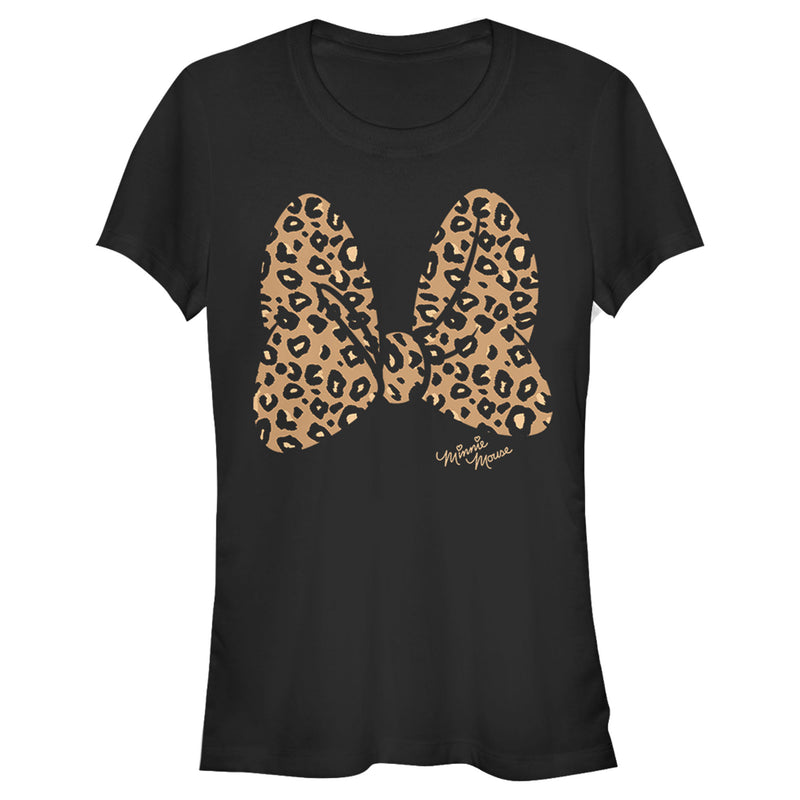 Junior's Mickey & Friends Mickey & Minnie Mouse Cheetah Print Bow Signature T-Shirt