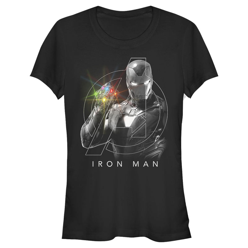 Junior's Marvel Avengers: Endgame Glowing Stones Logo Overlay Portrait T-Shirt