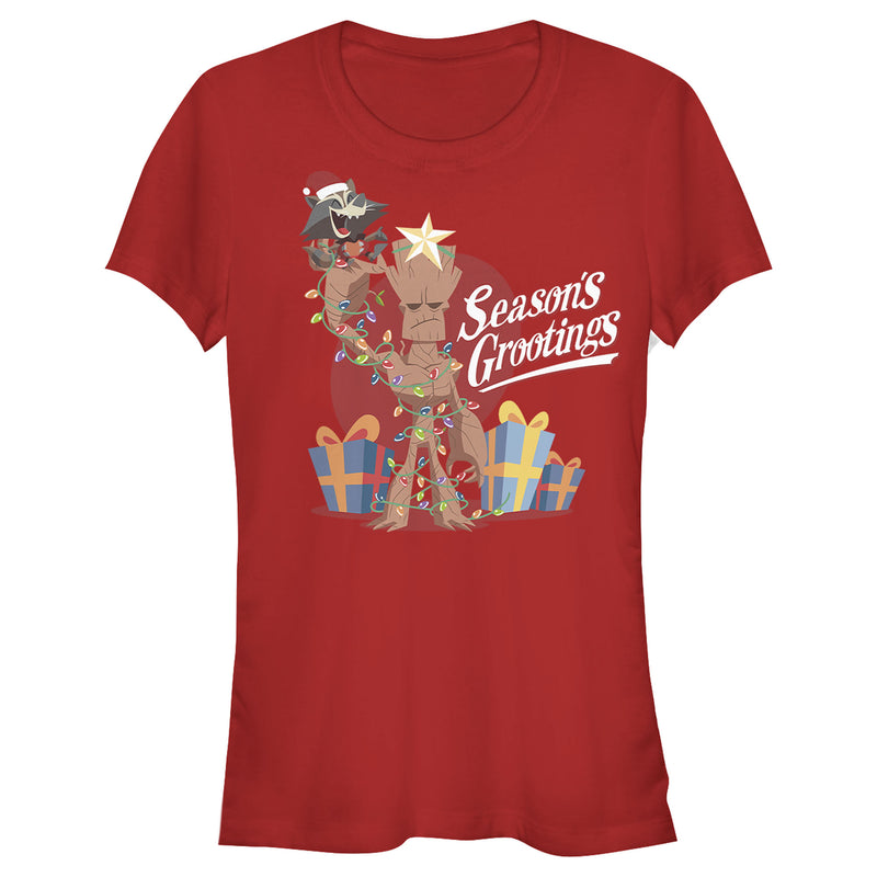 Junior's Marvel Christmas Groot & Rocket Season Grooting T-Shirt